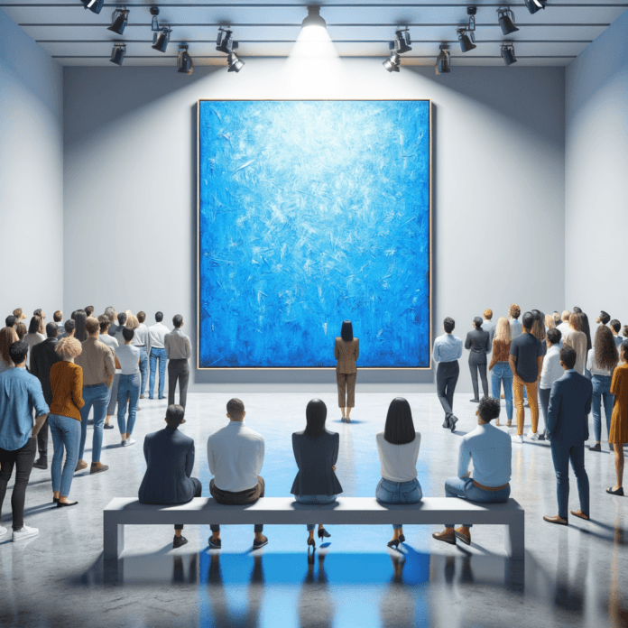 un dipinto interamente blu elettrico, esposoto in un museo minimale con il pubblico che lo guarda un dipinto interamente blu elettrico, esposoto in un museo minimale con il pubblico che lo guarda